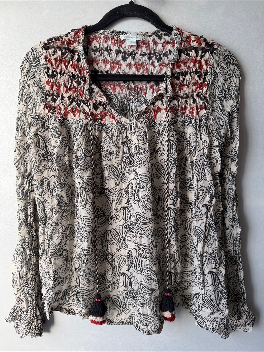 Sundance Cream Paisley Smocked blouse  with Red & Black Accents tassel fall S